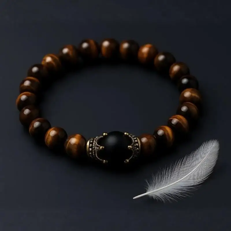 Men's Stylish Natural Stone Bracelet Vintage Crown Symbol Of Power Hematite Beads Gift For Friends Natural Tiger Eye Beads