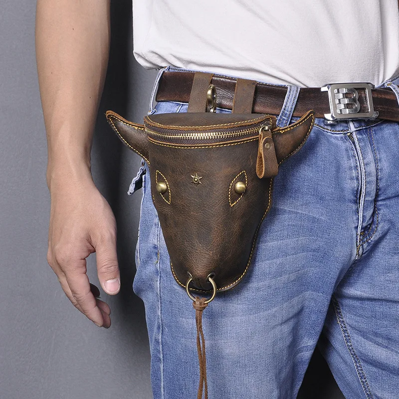 Medieval Design Casual Brown Fashion Travel Men\'s Retro Cool Bull Head Large Capacity 7\'\' Waist Bag Leg Bag Phone Bag Bull Head