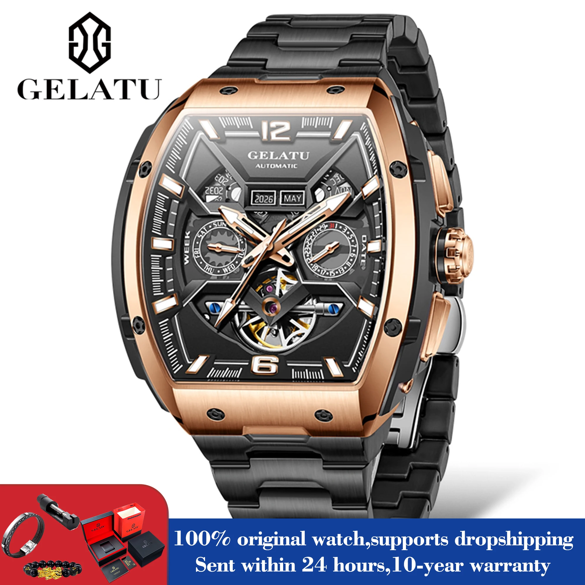 GELATU 6013 Top Brand Mechanical Watch For Men Big Dial Hollow Automatic Hand Clock Date Week Display Luxury Fashion Man Watches