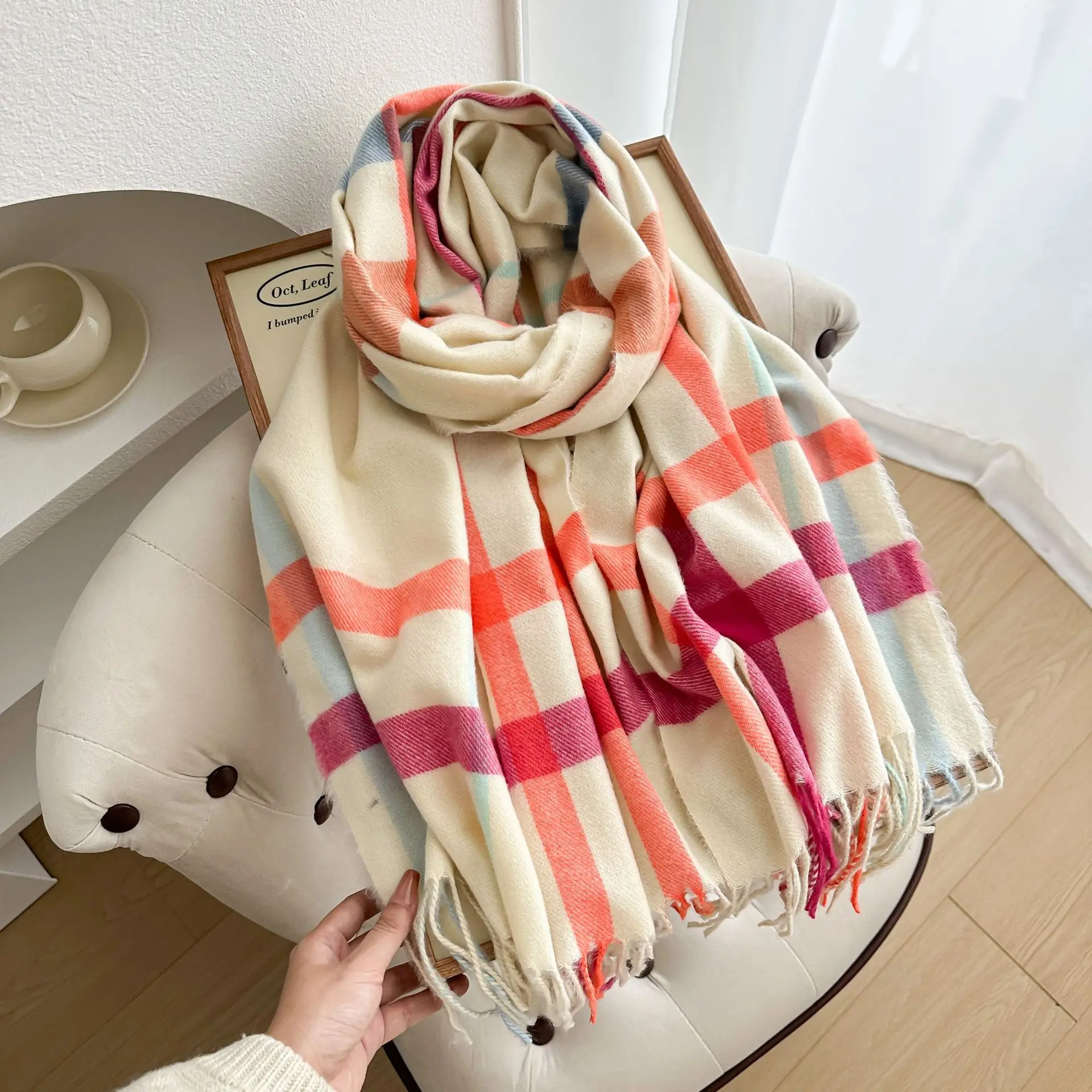 

Thick Plaid Scarf Winter Imitation Cashmere women's Scarf Warm Color Blocked Striped Tassel Shawl Scarf Women Luxury 4w925