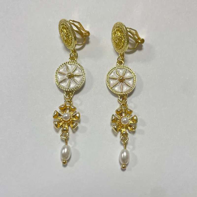 بارد الذهب اللون هندسية جولة زهرة شرابة كليب على الأقراط كوريا نمط جديد الأذن كليب طويل اللؤلؤ قلادة الأقراط لا ثقب #1