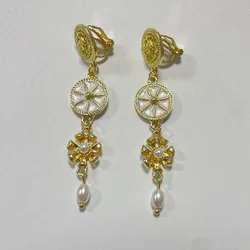 Cool Gold Color Geometric Round Flower Tassel Clip on Earrings Korea New Style Ear Clips Long Pearl Pendant Earrings No Hole
