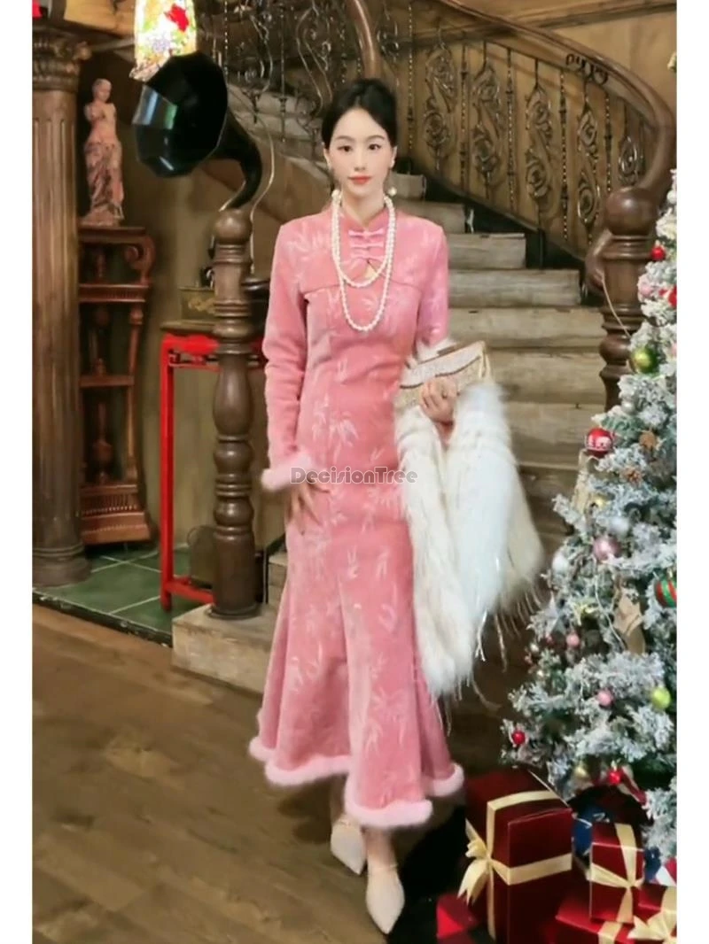 2024 pink romantic temperament bridesmaids qipao dress trendy flounce design dress chinese style thicken cotton winter garment