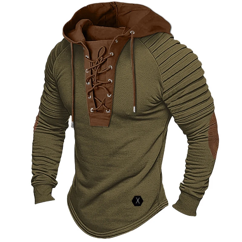 

Casual Pleated Long Sleeve Hoodie Men T Shirts Spring Vintage Patchwork Drawstring Hooded Tops For Mens Fashion Loose Hoodies