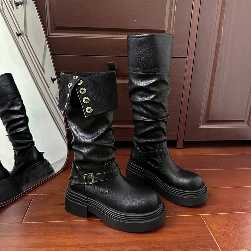 Autumn Winter Platform Thick Bottom Women Long Boots Fashion Slip On Shoes Vintage Ladies Knight Botas