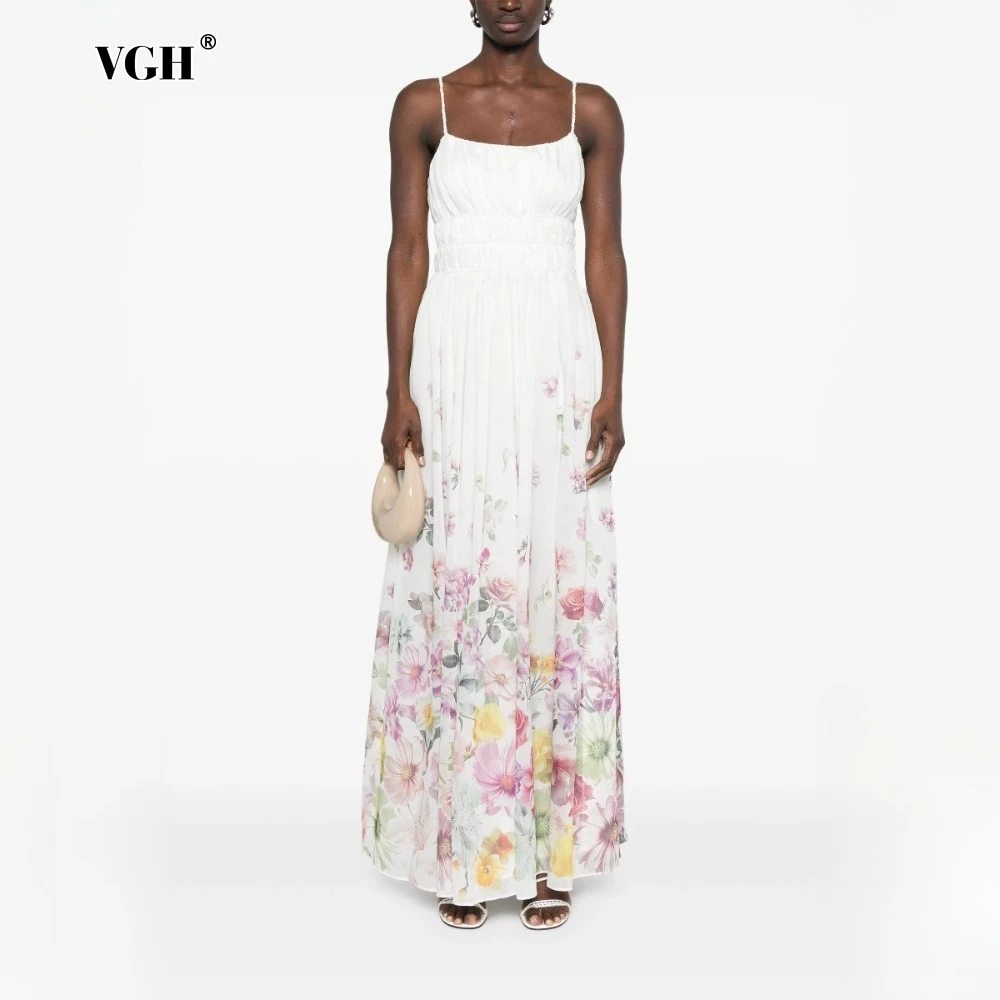 VGH Abito lungo estivo a colori di successo per donna Colletto quadrato senza maniche Vita alta Patchwork Abiti con stampa in vita elastica Donna