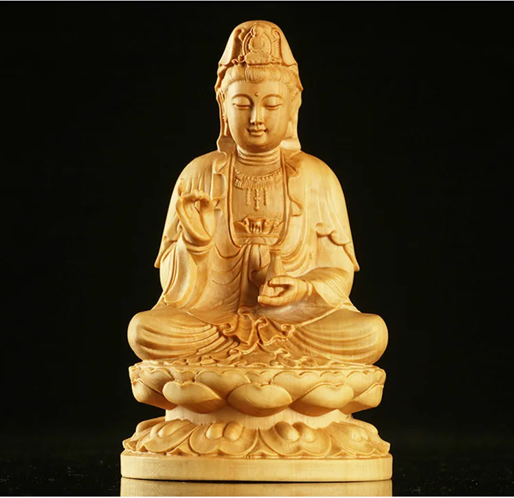 Boxwood/Thuja Wood 9/12cm Sitting Guanyin Real Traditional Chinese Myth Figure Statue Office Decoration Sculpture