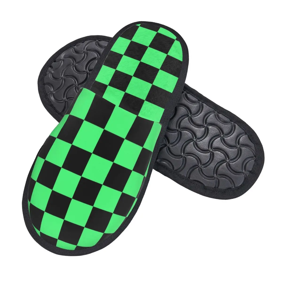 Custom Black And Green Checkerboard Pattern Memory Foam Slippers Women Comfy Warm Tartan Geometric House Slippers