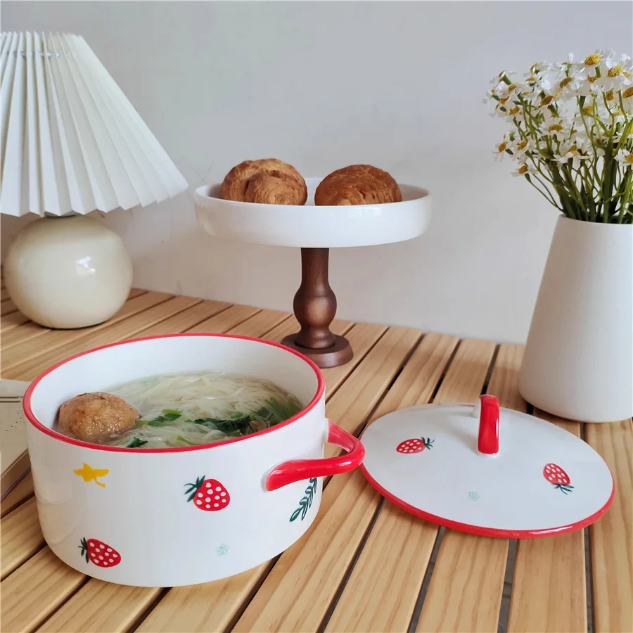 1pc ceramic double ear bowl with cover, 1000ml/34oz Noodles in soup bowl, 15cm/6inch microwave oven bowl