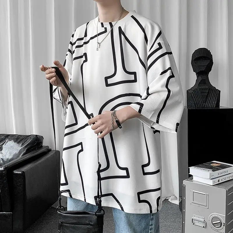 Spring Summer Man Round Neck Men's Clothing Oversized Fashion Casual Geometric Pullovers Printing Short Sleeve Handsome T-Shirts