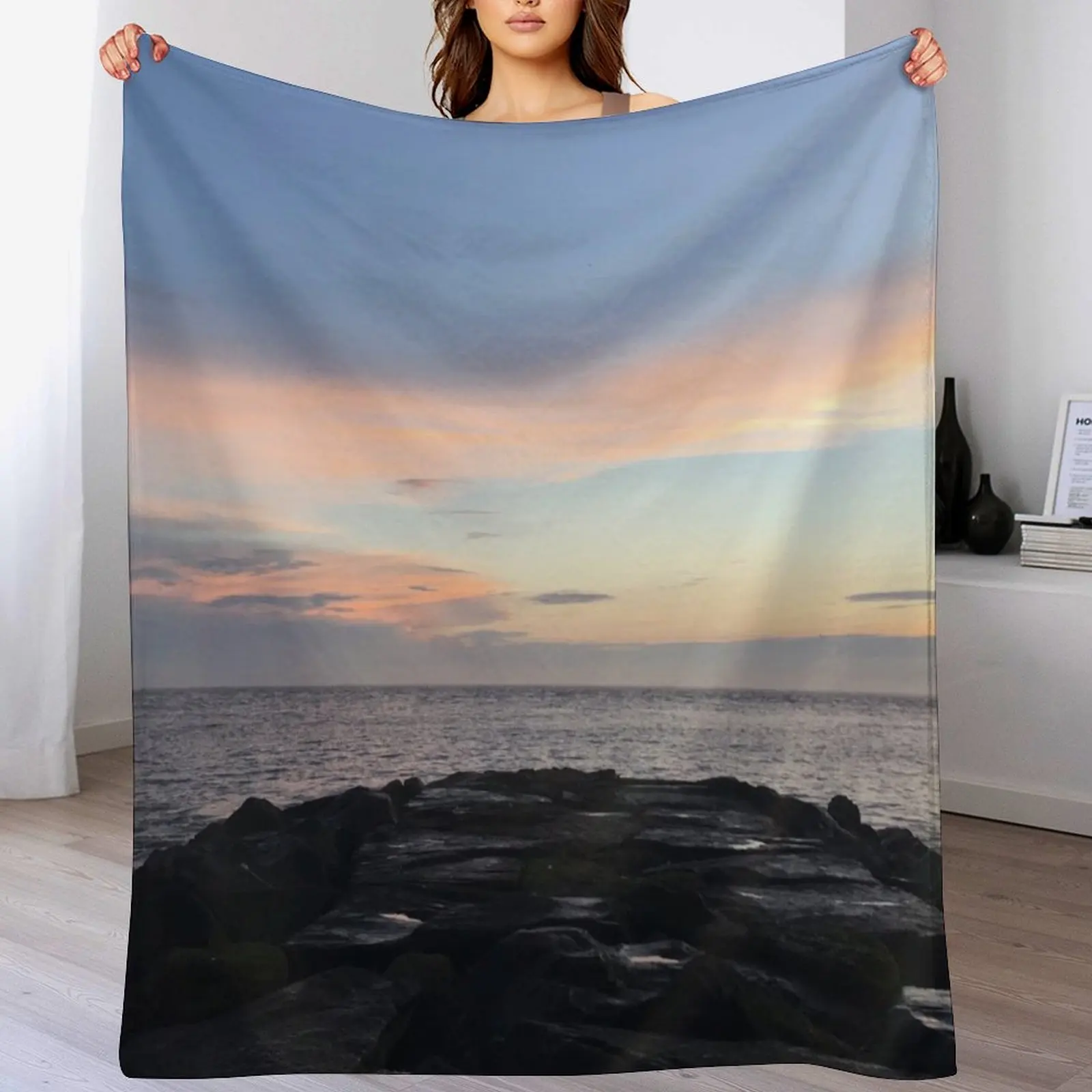 Sunset over the jetties in Cape May, NJ Throw Blanket Color Fast Cozy Throw Blanket