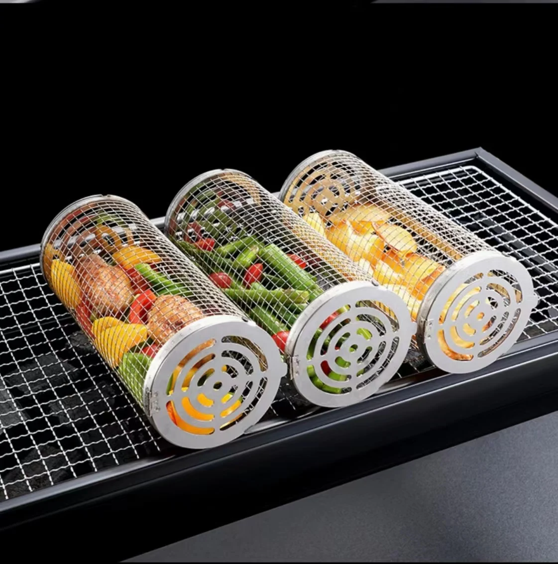 

Rolling Barbecue Cage Outdoor BBQ Grill Basket Stainless Steel Thickened Flap And Edge Barbecue Net Kitchen Accessories