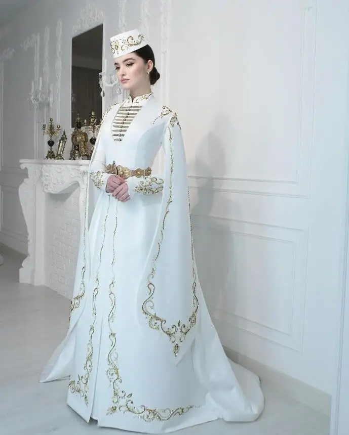 Ossetian National Wedding Dresses with Long Sleeve Cape Gold Luxury Embroidery Pearls High Neck Muslim customsized Bridal Gown