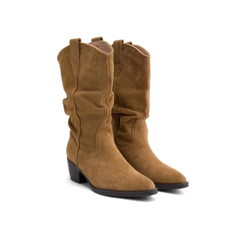 

Женские модные короткие сапоги на высоком каблуке, британские узкие туфли с острым носком и сложенным ворсом в стиле ретро, рыцарские высокие туфли