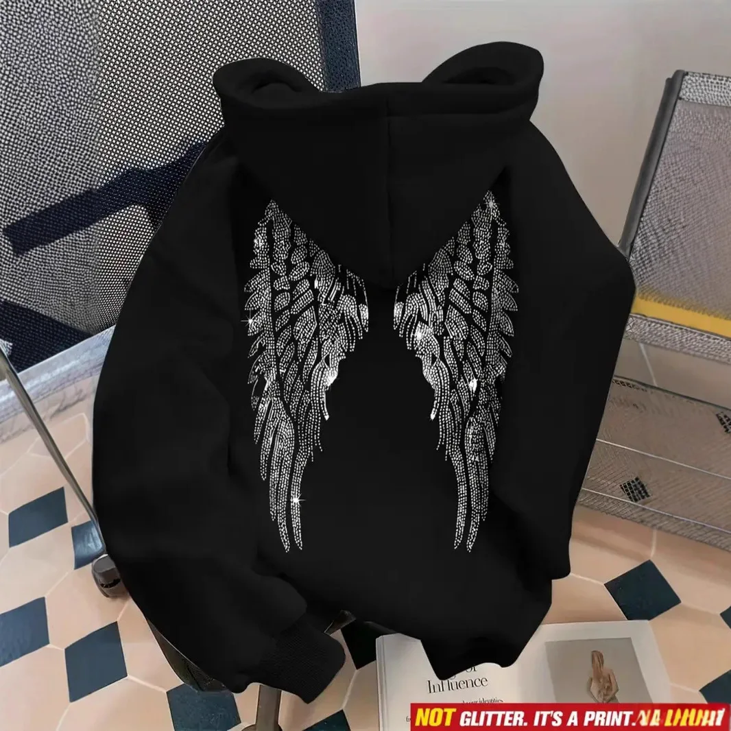 Leisure Spring and Autumn Sweater Wing Print and Hot Rhinestone Two Styles Women's Long-sleeved Pullover Hoodie