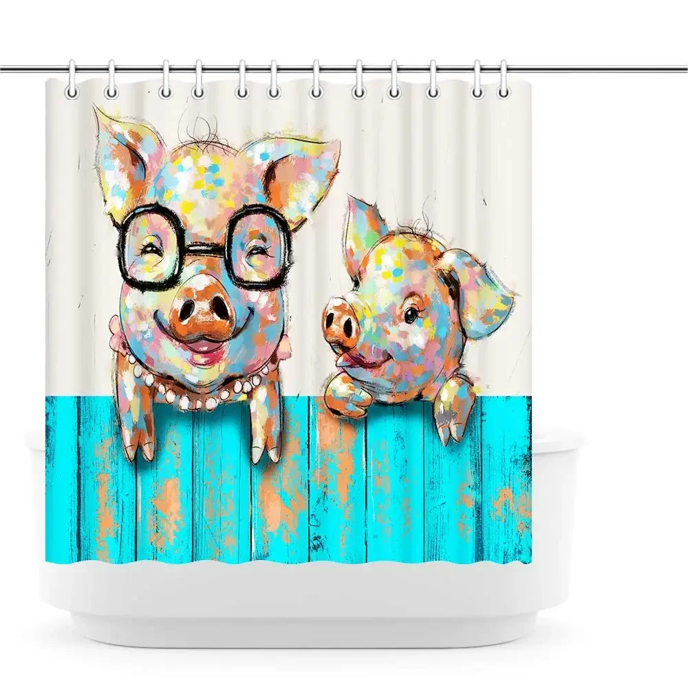 Two Funny Pig Shower Curtain Set Colorful Cute Animal Polyester Fabric Bath Curtain Lovely Fantastic Style