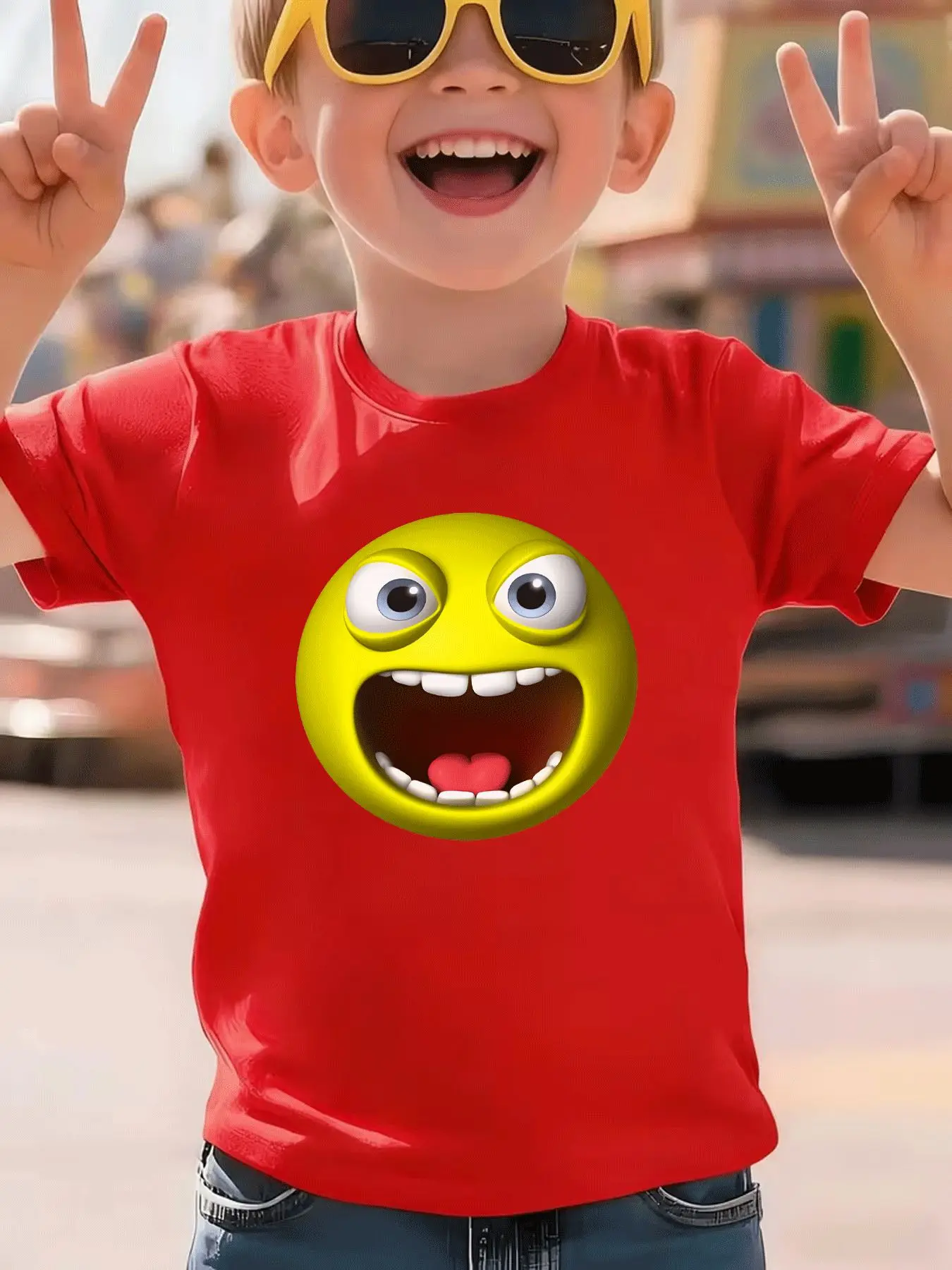 Casual Short Sleeved Children's T-shirt with Fun and Exciting Smiling Face Printed Breathable Fabric, Summer Holiday Gift