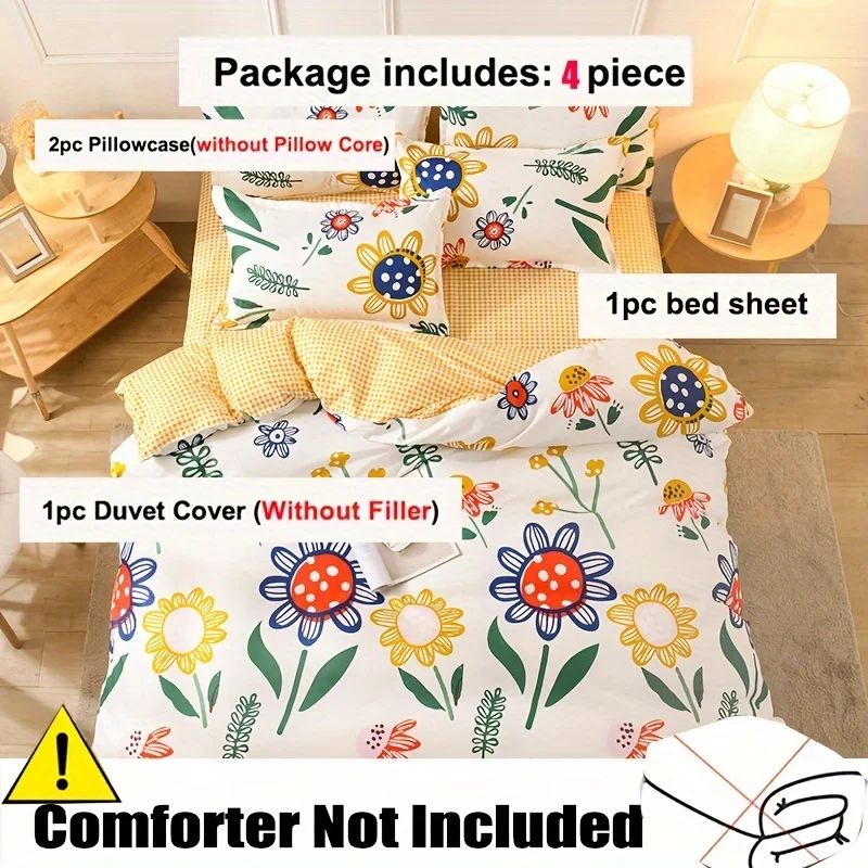Soft and Delicate Floral Pattern Styles Duvet Cover and Four Piece Bed Sheet Set with Washed Cotton Bedding on The Bed 침구 풀세트
