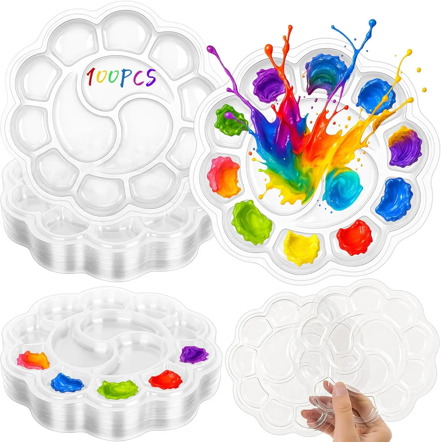 

100 Pcs Large Clear Plum Blossom Paint Tray Palette Disposable Watercolor Palette Acrylic Pallet Color Mixing Tray for P