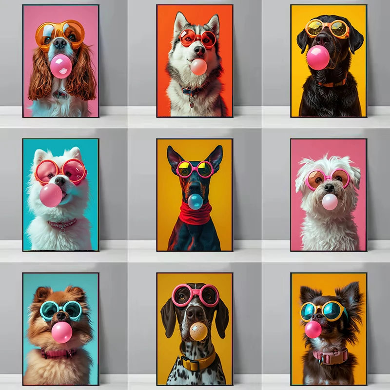 Colorful Dog Bubblegum Sunglasses Poster Prints Samoyed French Bulldog Corgi Canvas Painting Wall Art Picture Room Home Decor