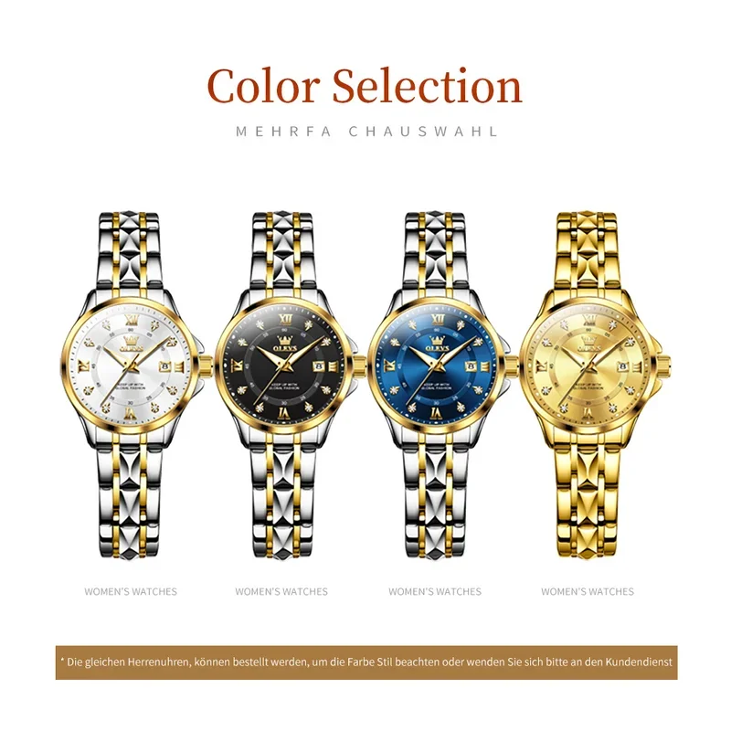 Olevs 2906 여성용 방수 마름모 스테인리스 스틸 스트랩, 럭셔리 패션, 골드 소형 손목시계