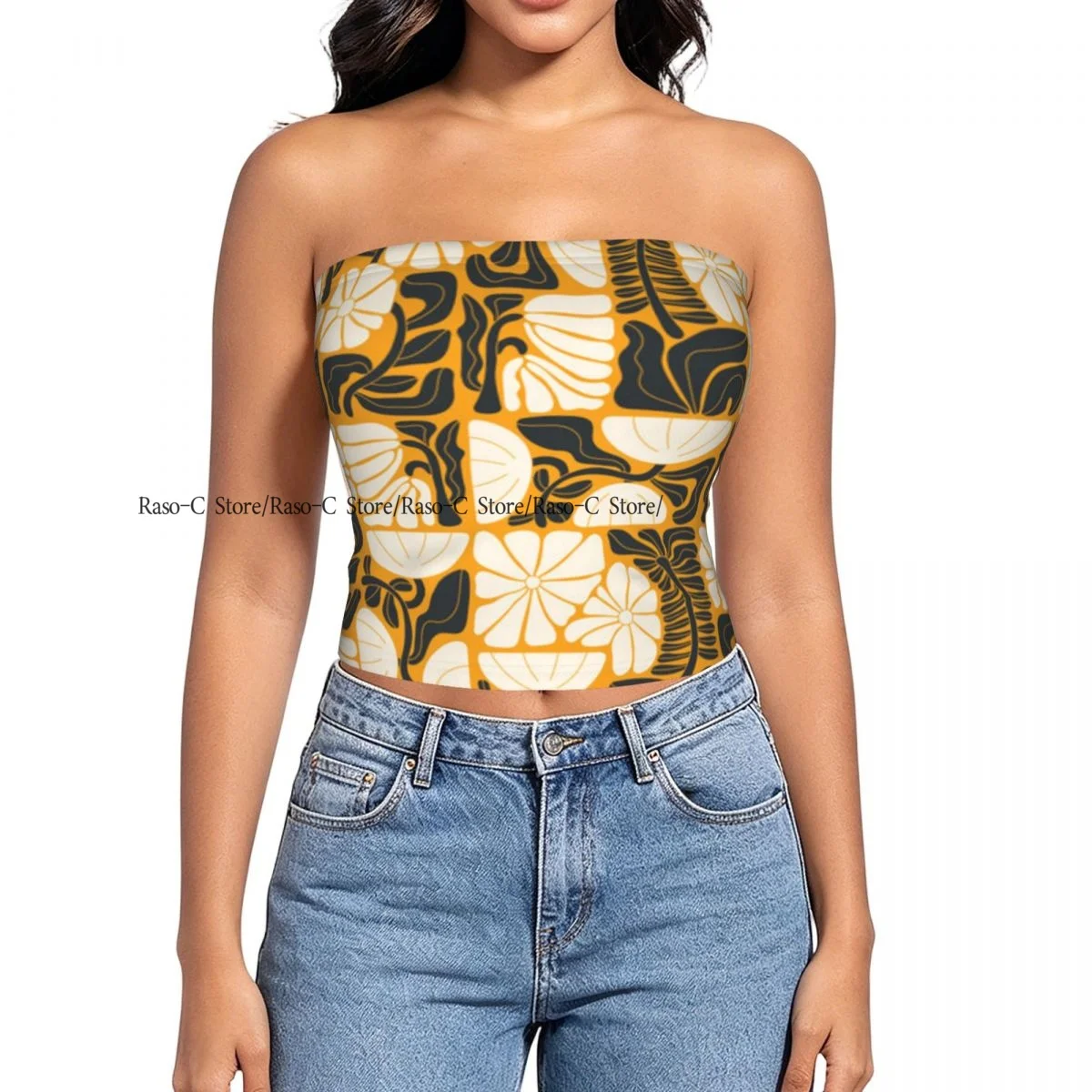 Women Block Crop Slim Tube Top Geometric Floral Matisse Art Botanical Background Strapless Top For Summer Female Clothing