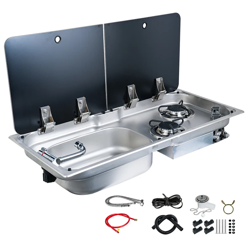 RV Integrated Kitchen Sink & 2-Burner Stove Combo, 304 Stainless Steel with Foldable Faucet & Glass Cover for Wholesale/Bulk