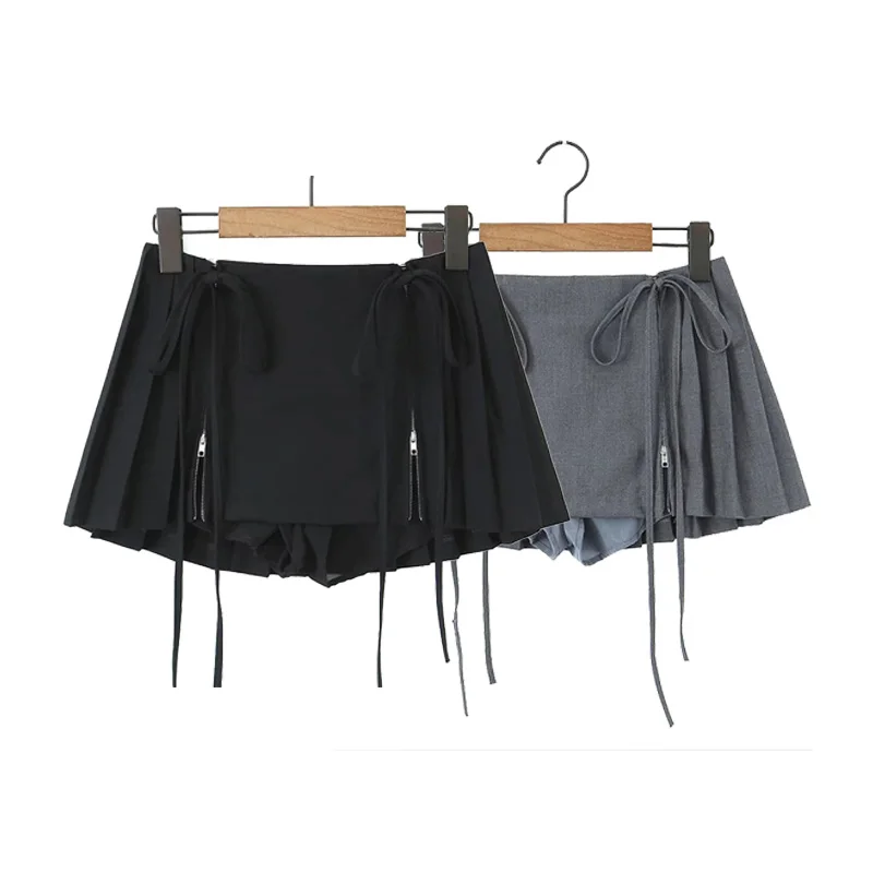 UETEEY Women Fashion Solid Lace Up Pleated Front Zipper Mini Skirts Vintage High Waist Female Chic Lady Short Skirt