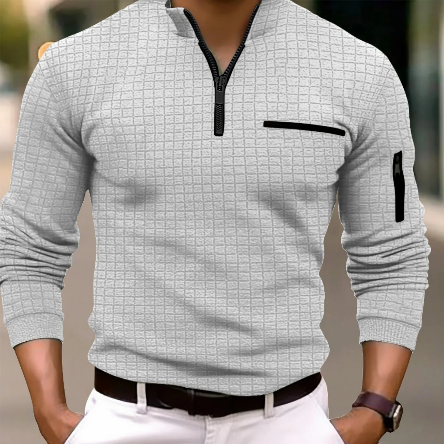 

Men's Casual Solid-Color Small-Checkered Long-Sleeved POLO Shirt Spring-Autumn Fashionable Arm-Zip Relaxed Sports Top