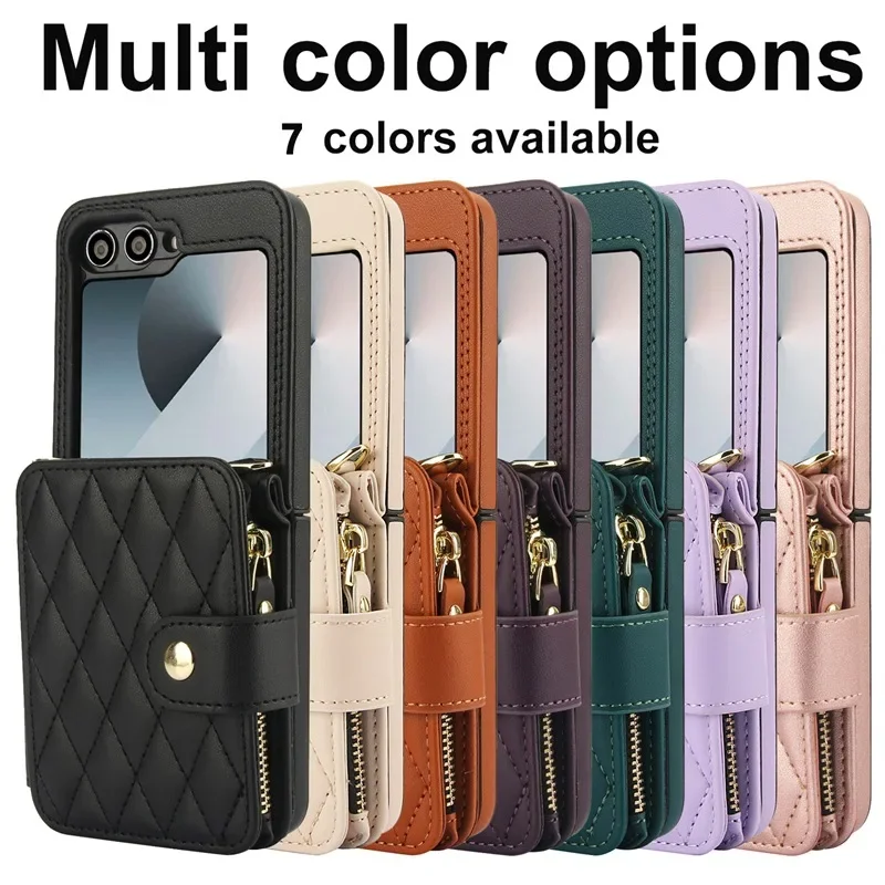 

For Samsung Galaxy Z Flip 6 5 4 3 Case Luxury Soft Matte Leather Crossbody Lanyard Zipper Wallet Cards Holder Shockproof Cover