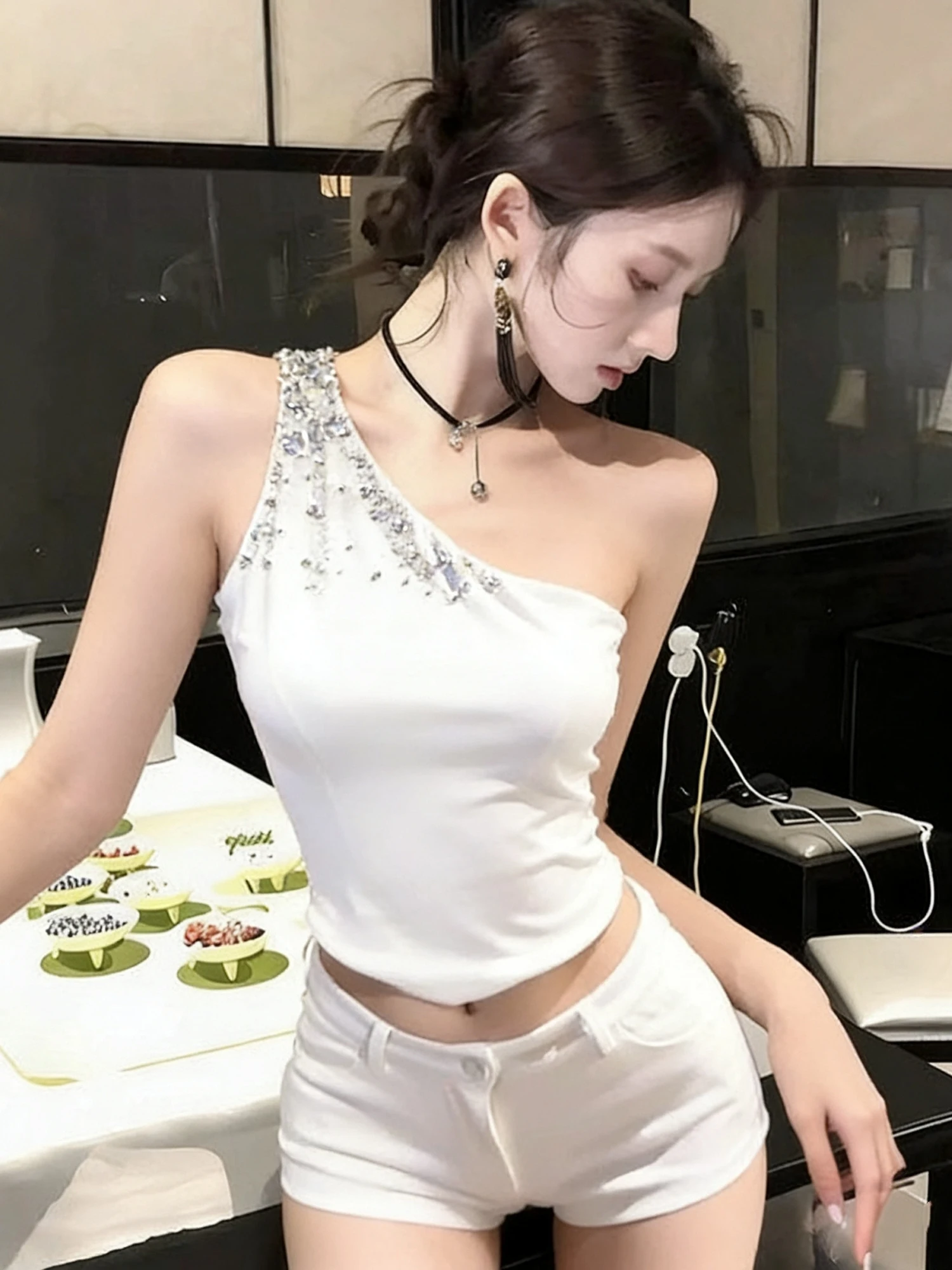 

American Hot Girl Design oulder Bared Svel Vest Women's Spring Summer Pure Desire Sexy Slimming ort Top