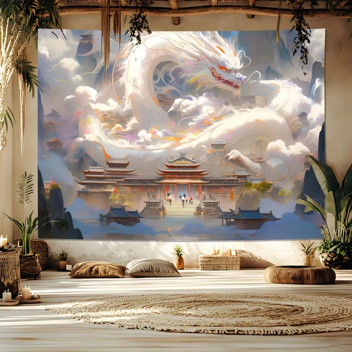 1pc Asian-Inspired White Dragon & Traditional Chinese Architecture Tapestry Wall Hanging - Premium Polyester Fabric, Vibrant Col