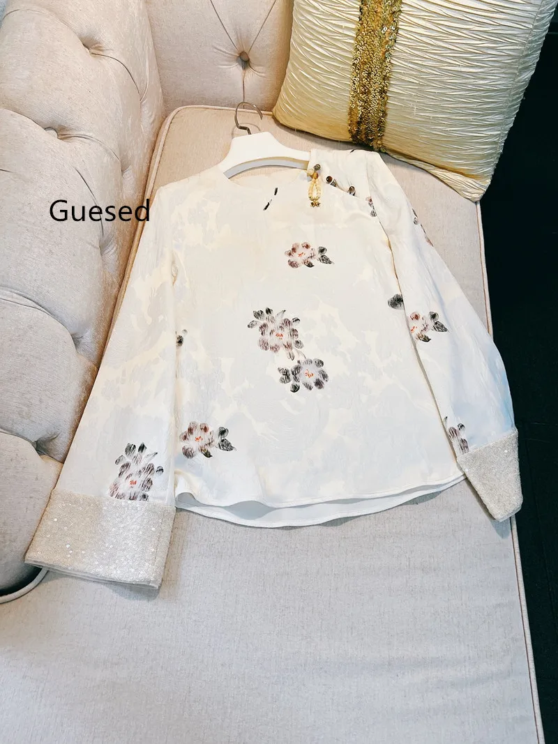 

Guesed Women Chinese Style Shirt Jacquard Sation Blouse Vintage Design Sequins Sleeves Loose Top Ladies Tang Tops New Arrival