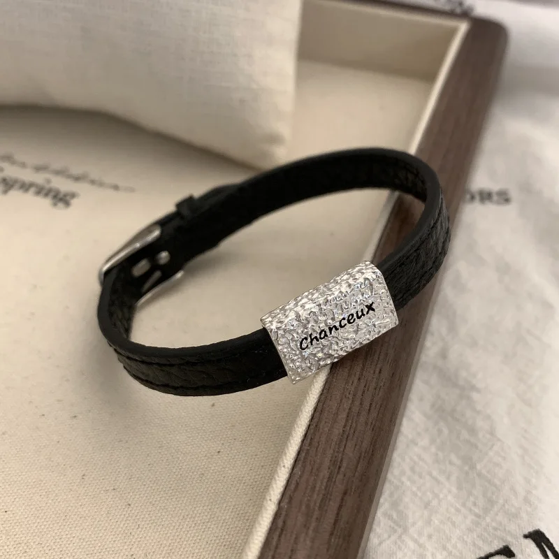 New 925 Sterling Silver Black Leather Words Beads String Punk Bracelet For Woman Girl Fashion Jewelry Gift Dropship Wholesale