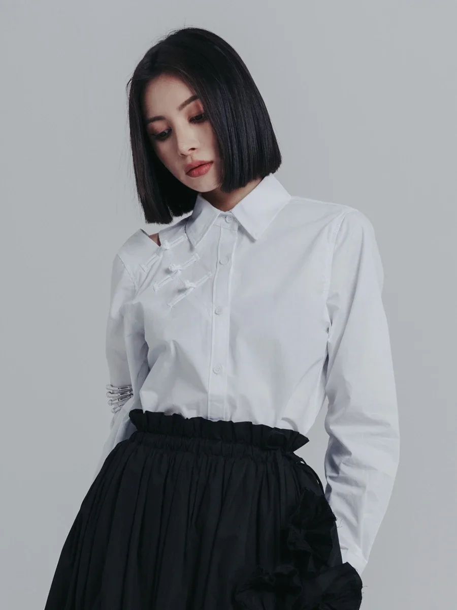 Cakucool New Chinese Style Designer Simple White Blouse Button Long Sleeve Brief Normcore Shirts for Women Top Blusa