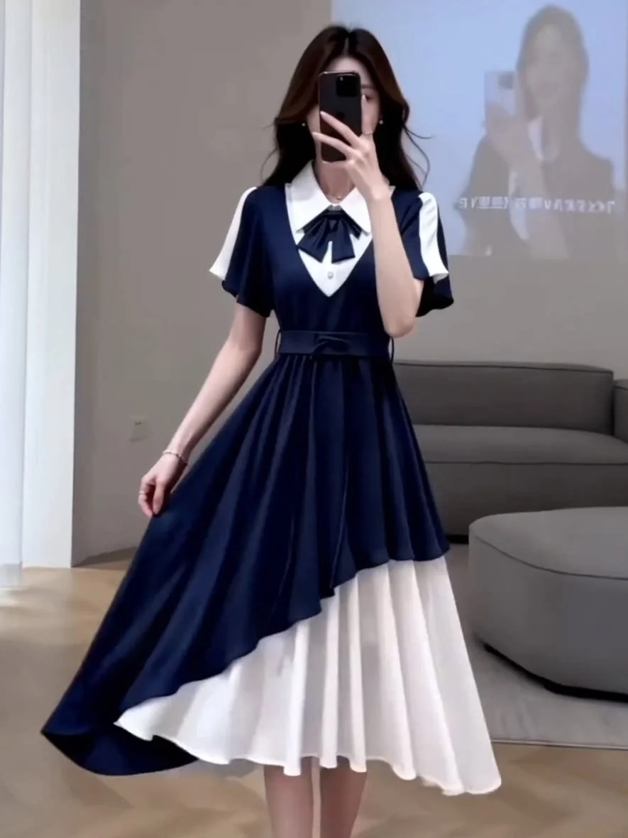 

plus Size College Sle Knot Dr Women Summer Slimming A-Line Long Dr Conceal Meat Fake Two-Piece Cotton Blend