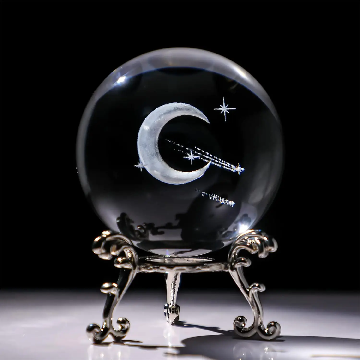 

6cm 3D Half-moon Meteor Crystal Glass Ball with Metal Stand Moon Model Decorative Ball Souvenir Home Decoration Festival Gift