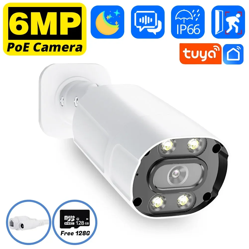 Tuya 6MP POE Camera HD Video Surveillance IP Cameras Outdoor H.265 Bullet-Camera CCTV 2-Way Audio Color Night Vision Smart Life