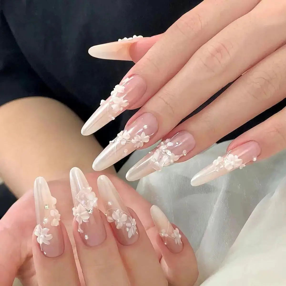 

10PCS Handmade Sweet Princess Removable Nail Tool Wear Nail Art Long Ballerina Fake Nails 3D Floral Nail False Nail Sticker