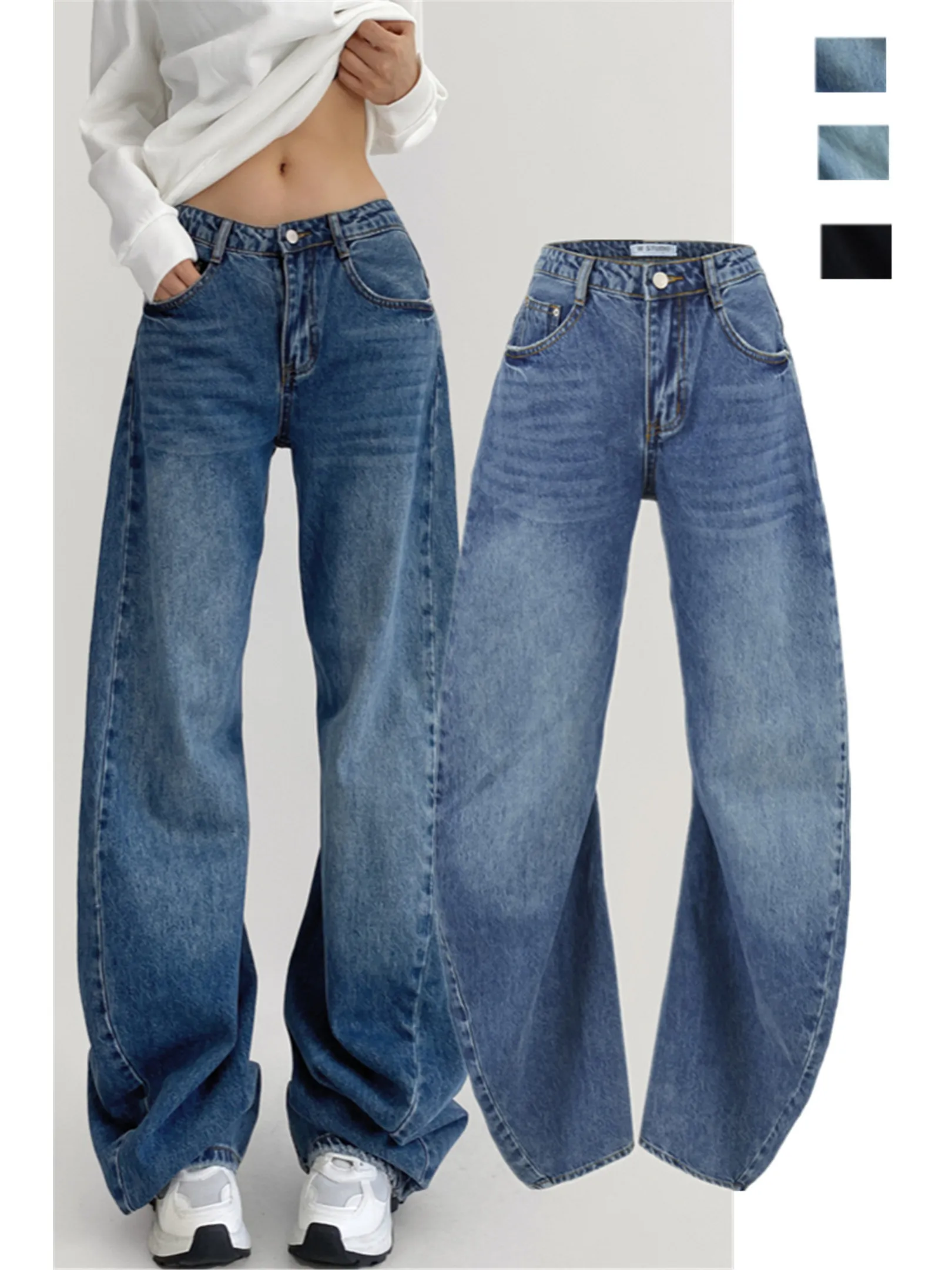 

Retro American Blue Low Waist Wide Leg Scythe Jeans Women's Spring New Heavy Washed Trendy Street Style Casual Breathable