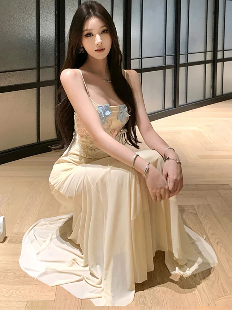 2025 nova malha branca apliques chique estilingue sexy vestido longo feminino elegante casual estilo praia vestido de verão coreano bodycon vestido de baile