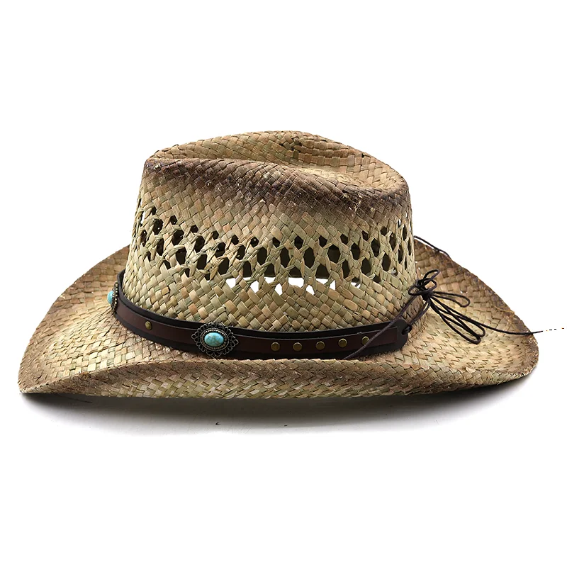 2022 New Men Beach Hat Cowboy Women 100% natural Straw Panama Hat Belt Cow Decorate Wide Brimmed Hats For Summer Khaki Male Hat