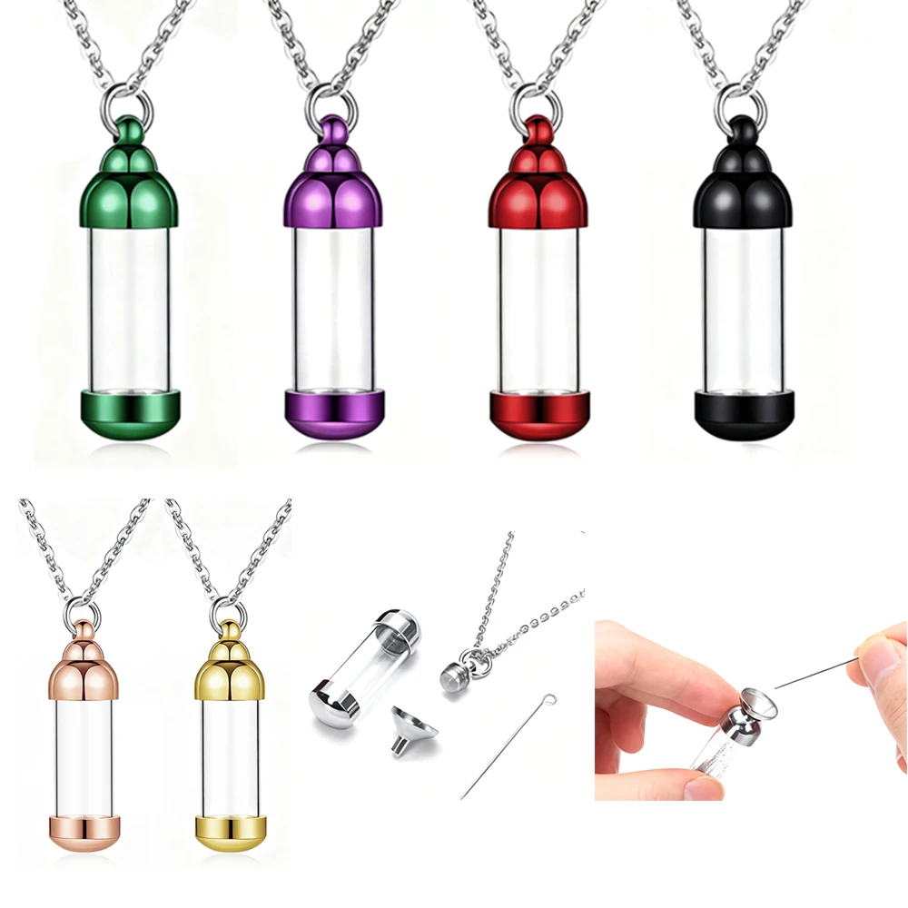 8 Color Stainless Steel Glass Cremation Urn Pendant, Ashes Holder Memorial Pendant Necklace with Chain, Keepsake Jewelry