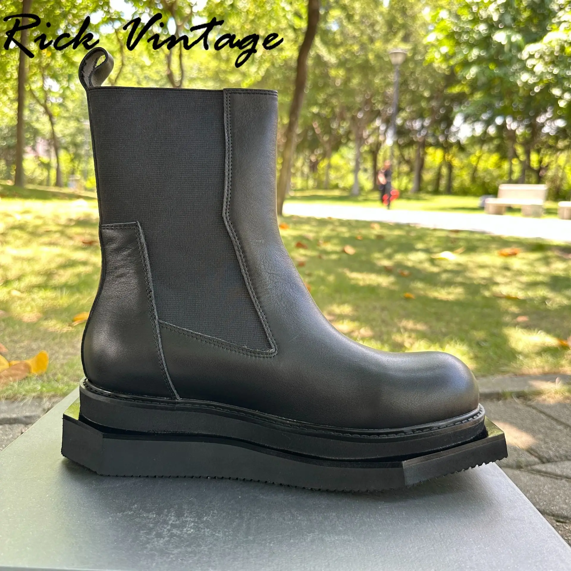 Rick Vintage Luxury Design Men Chelsea Boots Men Shoes Thick Sole Real Leather Ankle Boots Casual Knight Shoes Motorcycle Boots