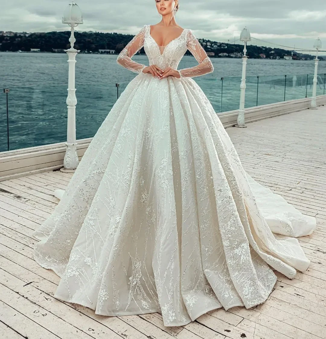 Customized 2026 New Luxury A-Line 3D Lace Bead Embroidery Women's Long Wedding Dress V-Neck Sexy Bridal Gown Vestido De Novia