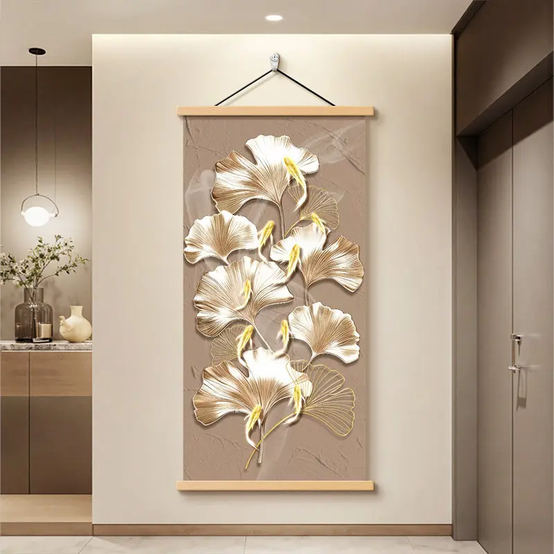 Wall Art Elegant Ginkgo Leaves Pearlescent Canvas Hanging Scroll with Wooden Rods for Modern Entryway Hallway Living Room