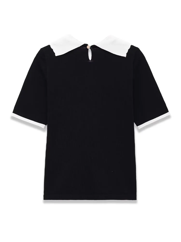 HH Donne 2026 di Modo di Estate Versatile Arco Tricot Risvolto T-Shirt Femminile High Street Casual Sottile Pullover Manica Corta Top Mujer