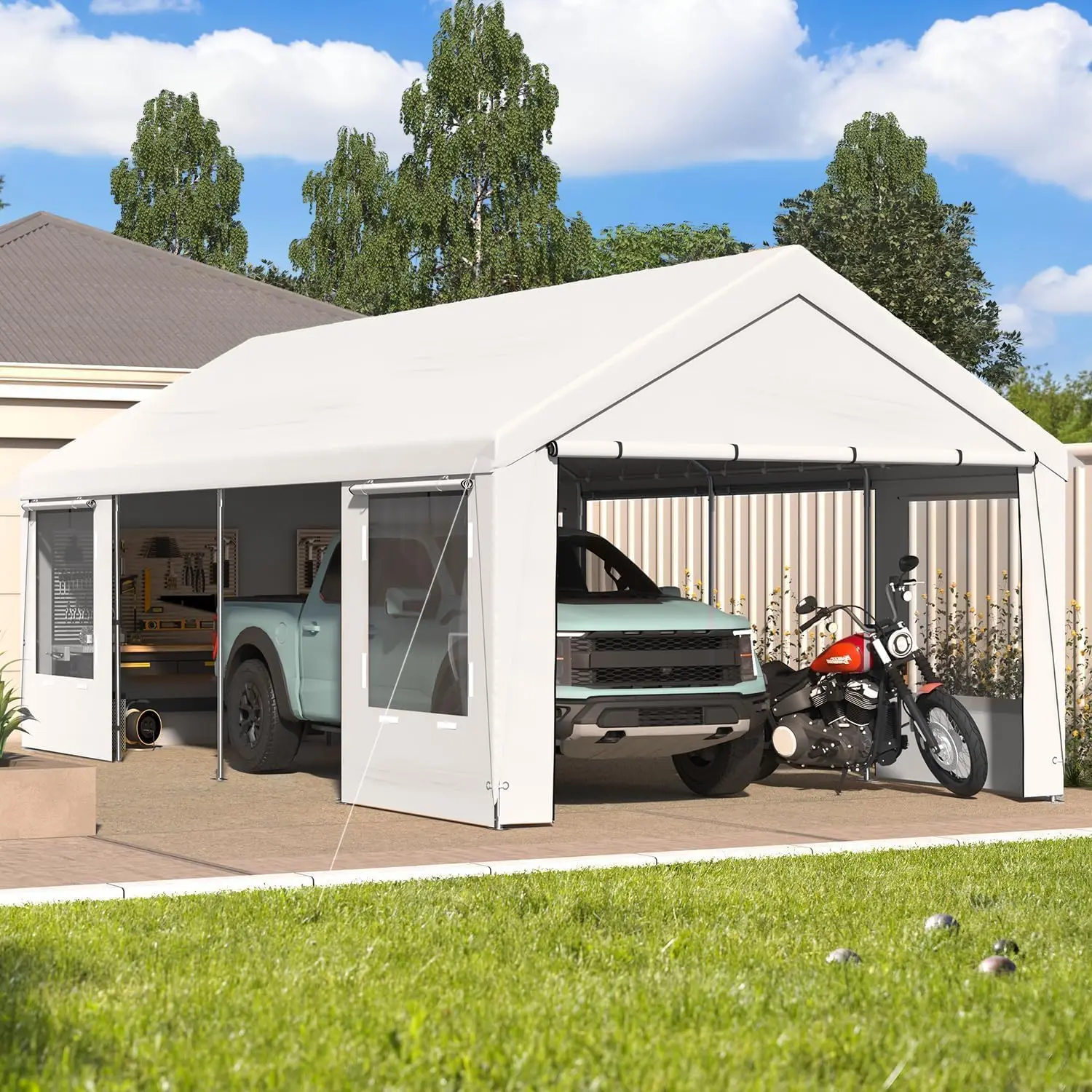 Carport, 12 x 24 FT Heavy Duty Carport with Roll-up Windows，Portable Garage with Removable Sidewalls, Car Canopy, Customized