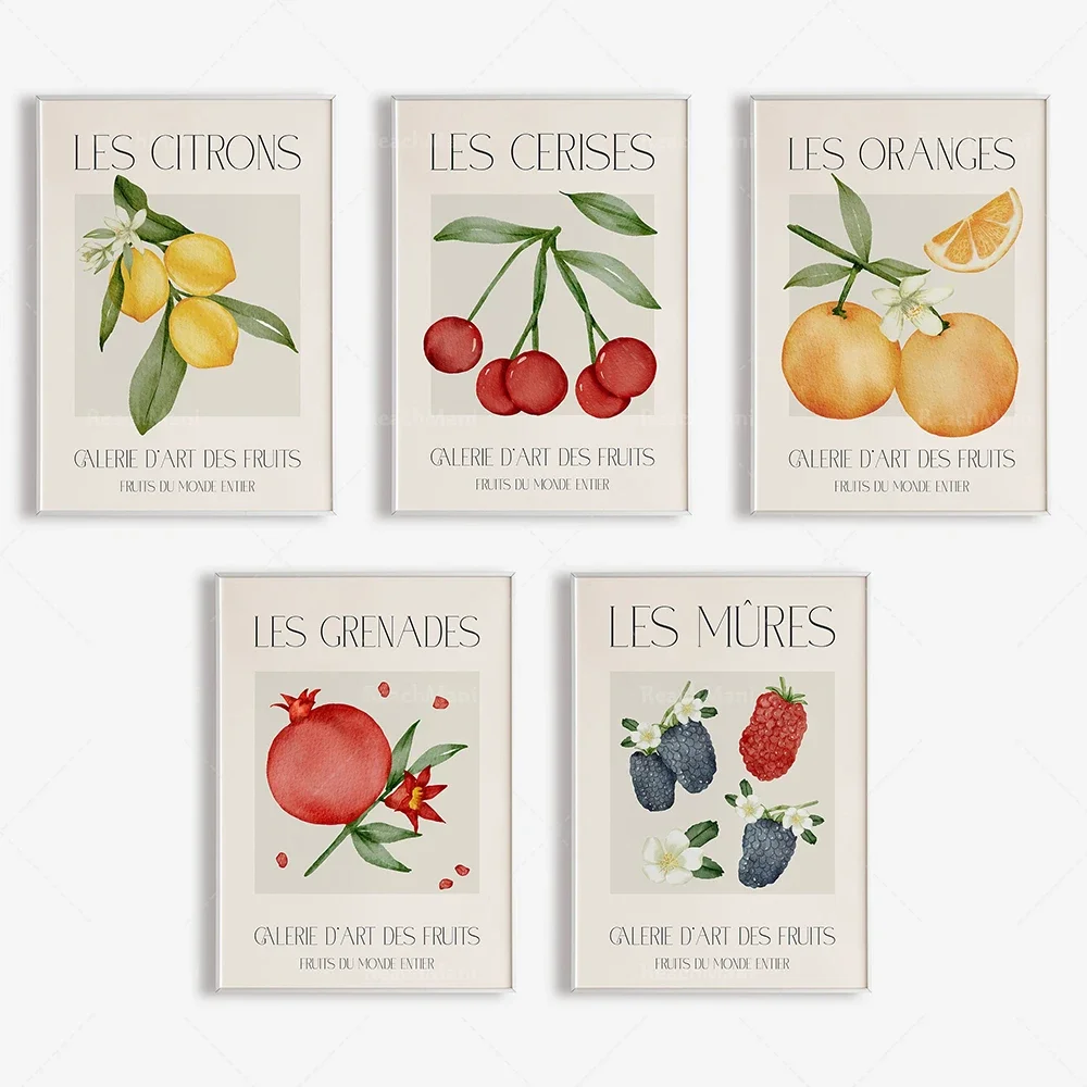 Fruit market prints, lemons, cherries, blackberries, oranges, pomegranates, vintage fruit prints, floral poster kitchen decor