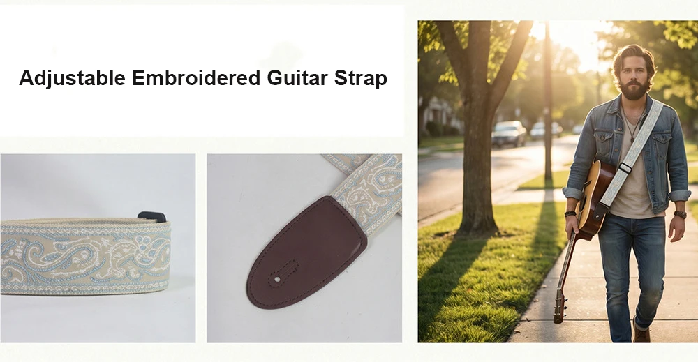 Gitarrengurt, bestickter Gürtel, verstellbare Gitarrengurte mit Lederenden für Bass-, Akustik-, Elektro-Gitarren und Ukulele-Instrumente – Detail 4